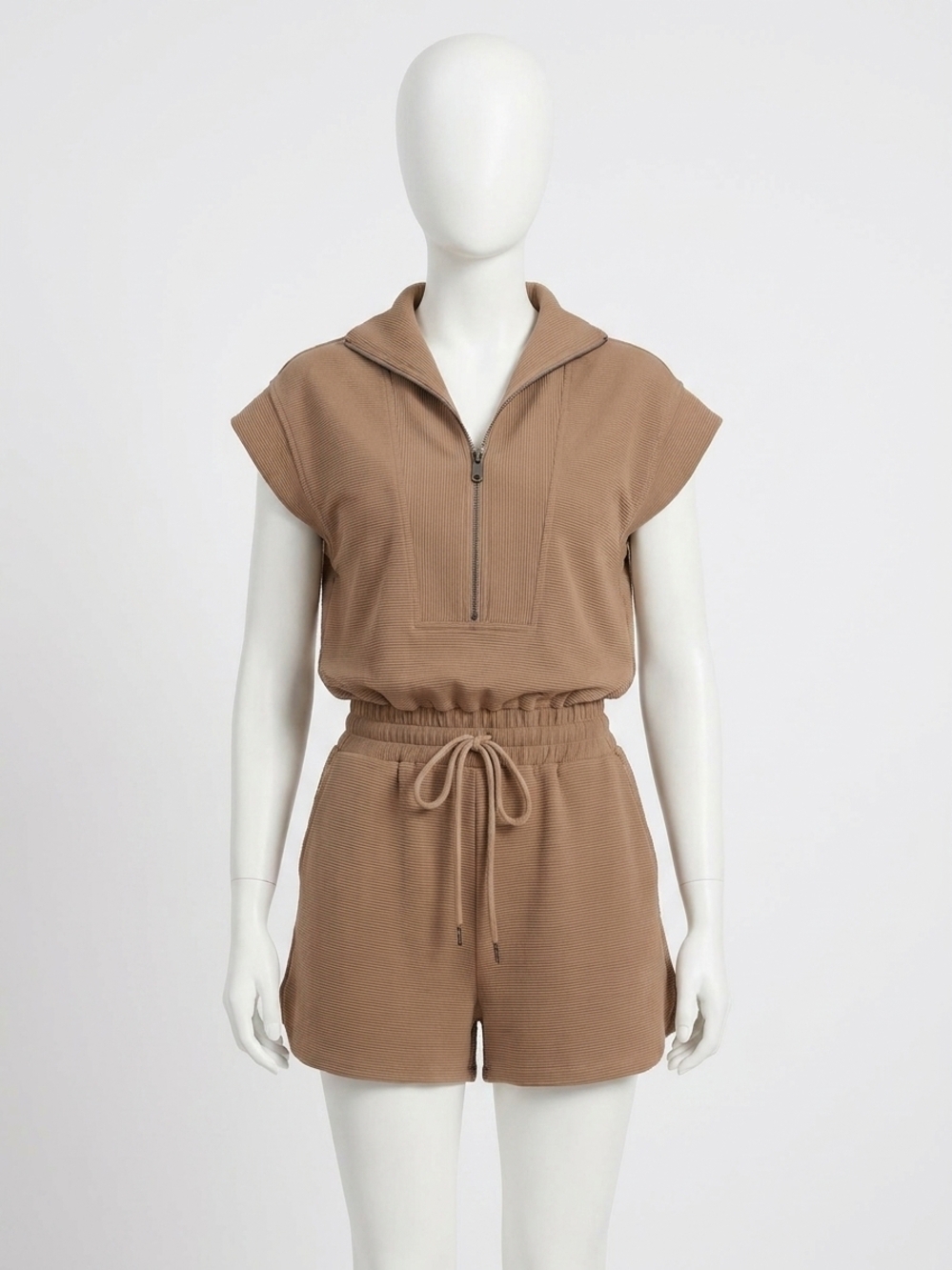 NEW ENTRO women's solid ribbed half zip short sleeve romper in mocha